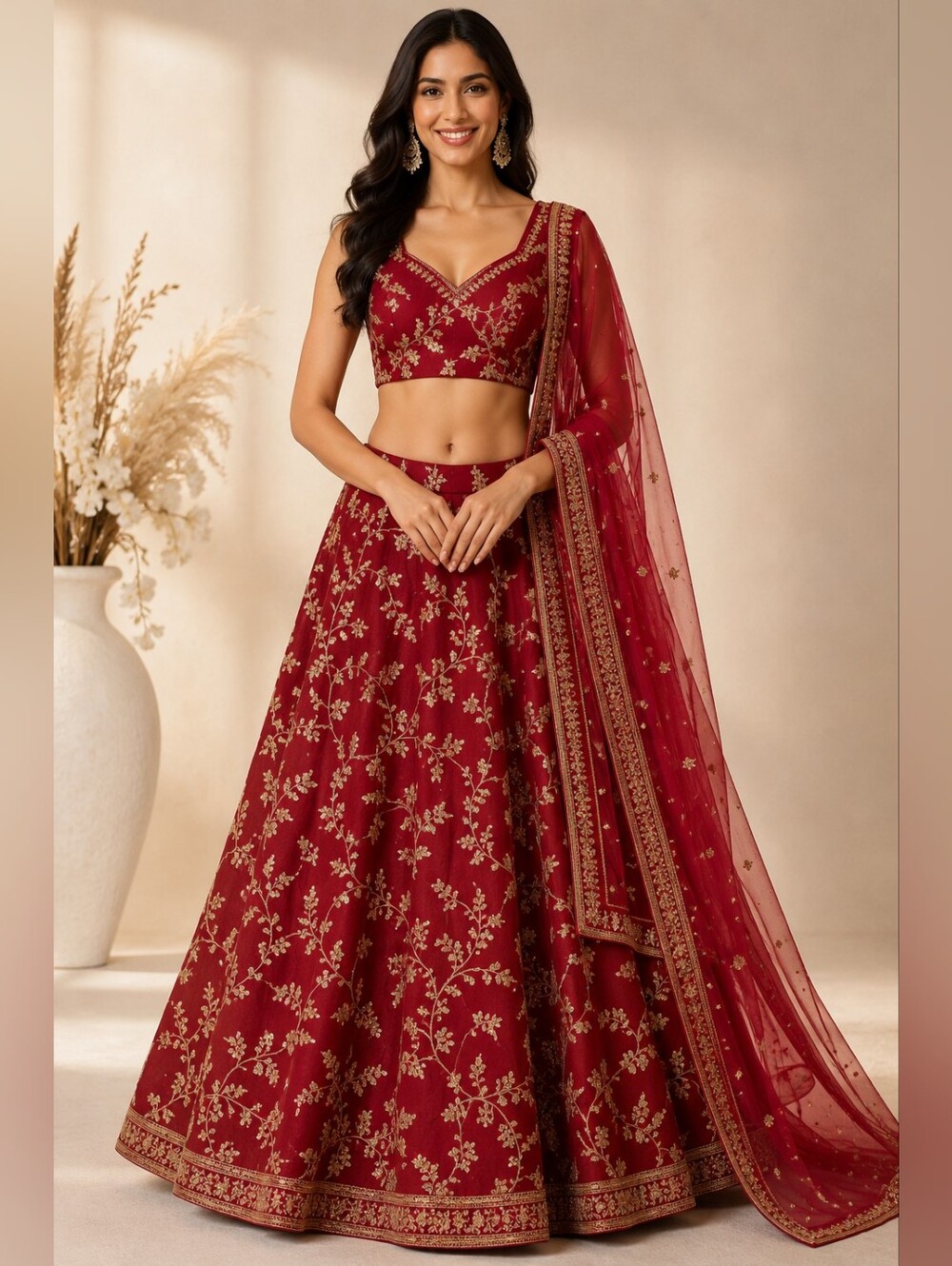 Deep Red Lehenga Choli with Golden Embroidery – US 8 Medium